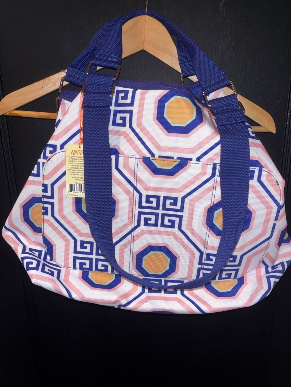 WerkShoppe Greek Key Tiles Go Big Tote Bag Blue Pink Geometric NWT